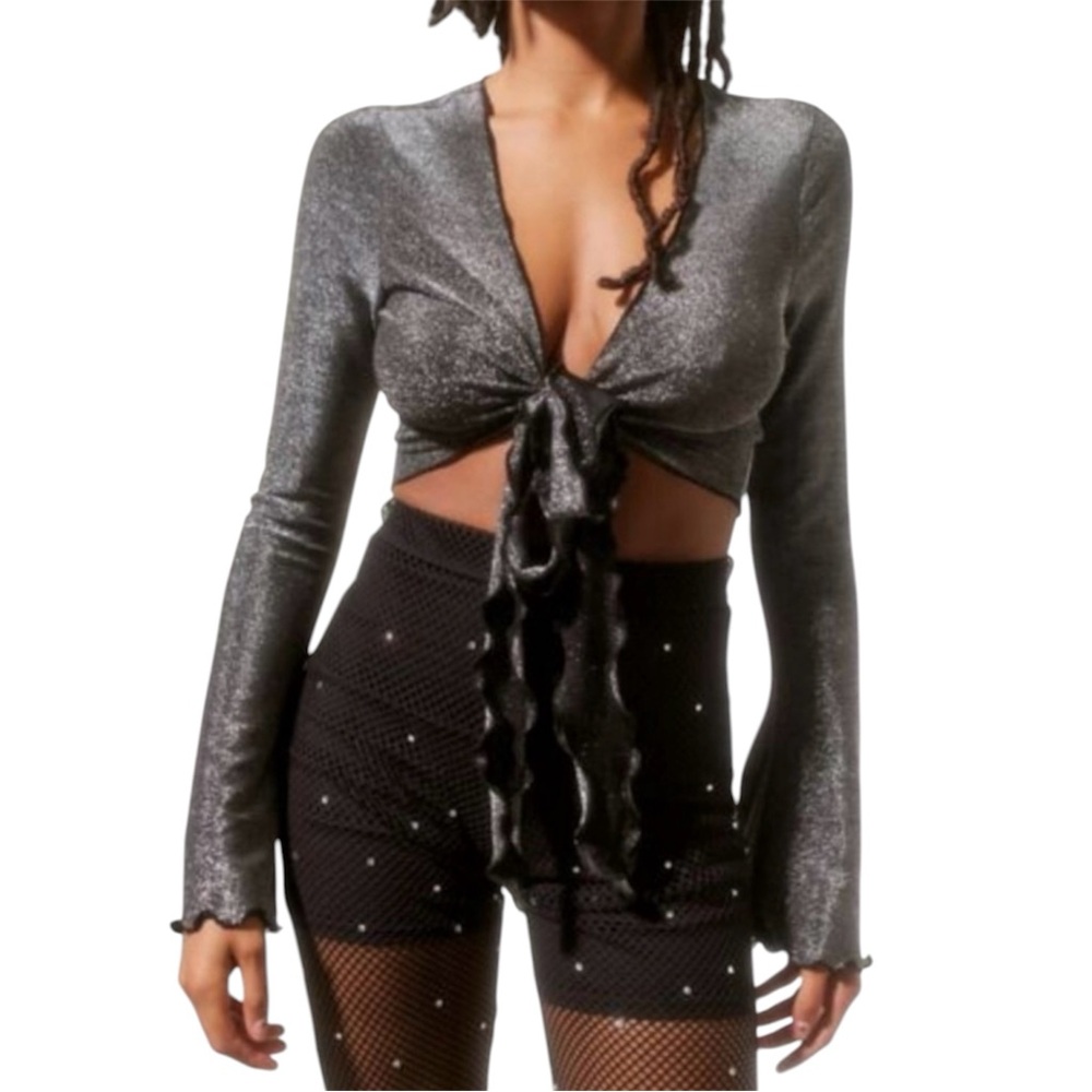 Silver Sparkle Tie-Front Crop Top ✨ UO Party Top (Size M)